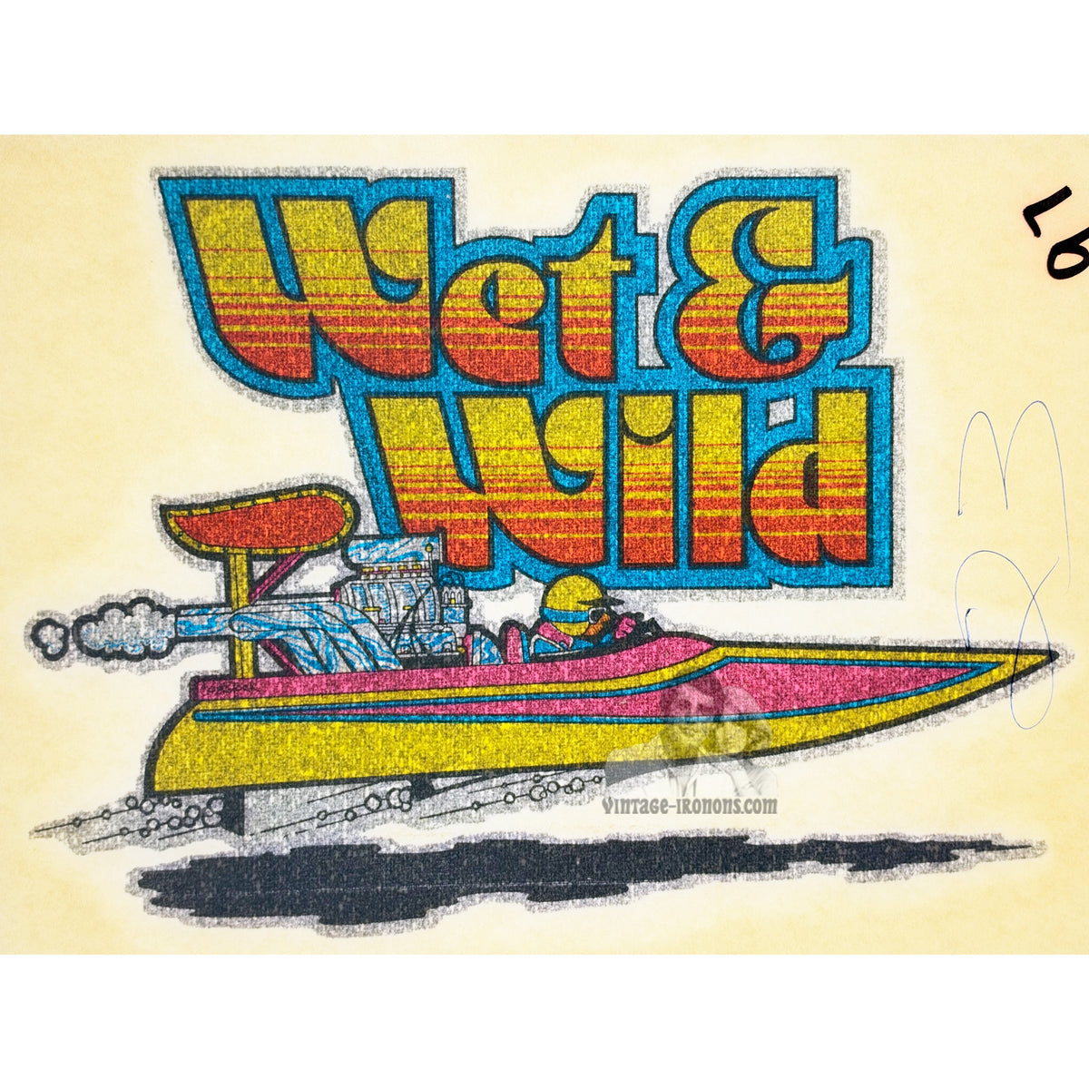 Wet & Wild Speed Boat Racing Vintage Glitter Iron On Heat Transfer