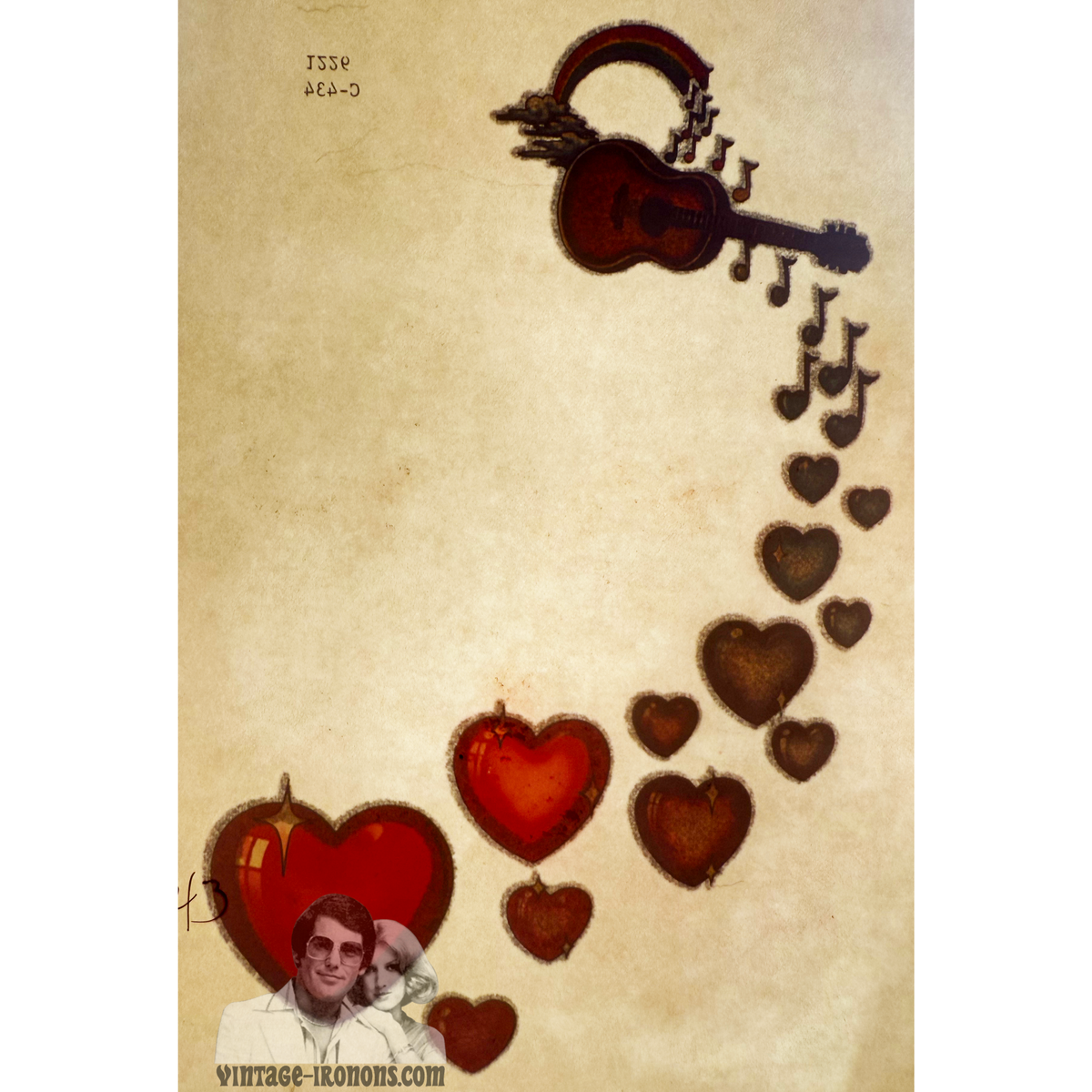 Guitar, Rainbow, and Hearts Vintage Iron On Heat Transfer