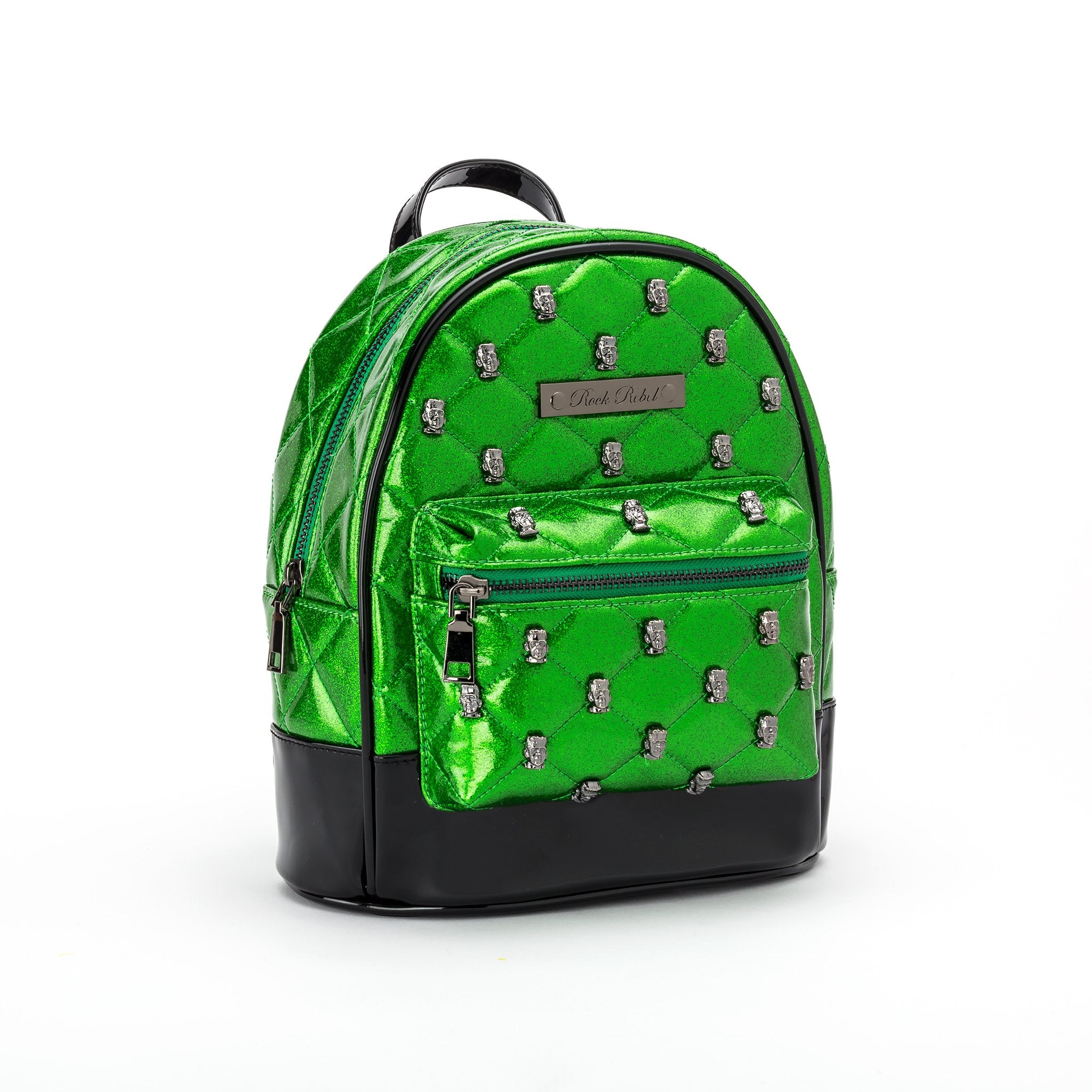Monster Head Quilted & Studded Green Glitter Mini Backpack
